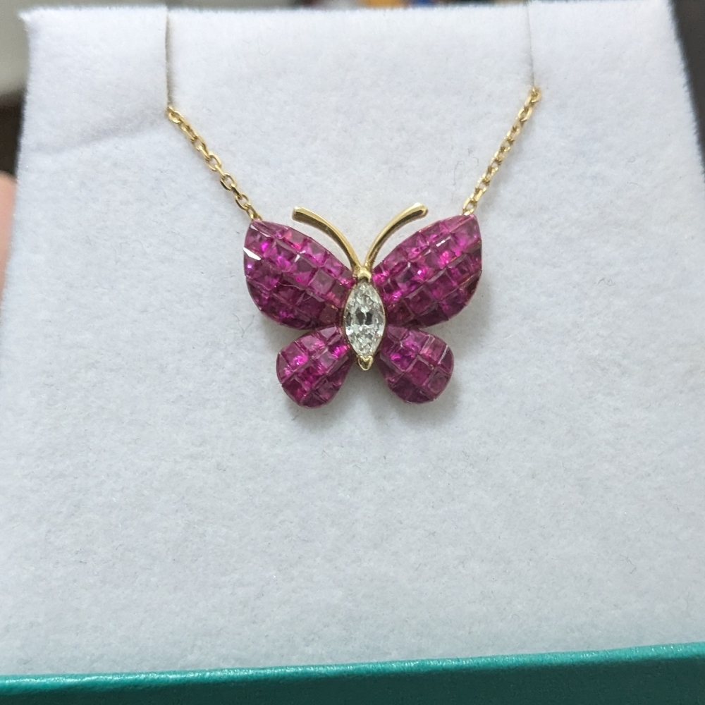 750/18K YG Invisible set Rubies and Diamond Butterfly Necklace - Picture 1 of 16